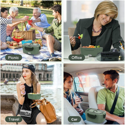 Electric Lunch Box for Adults, 80W Heated Lunch Box Portable Food Warmer Lunch Box for Work/Men/Car/Truck with 1.5L 304 Stainless Steel Container Fork & Spoon, 110V/12V/24V