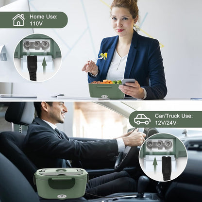 Electric Lunch Box for Adults, 80W Heated Lunch Box Portable Food Warmer Lunch Box for Work/Men/Car/Truck with 1.5L 304 Stainless Steel Container Fork & Spoon, 110V/12V/24V