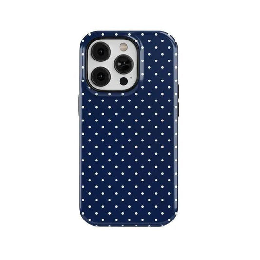 Dark Blue Background with White Polka Dot Pattern, Durable, Shock-Absorbing Two-In-One Large Hole Mobile Phone Case, Suitable for Iphone 16 15 14 13 12 11 and Other Series Models, Can Be Given as a Gift to Friends or Family