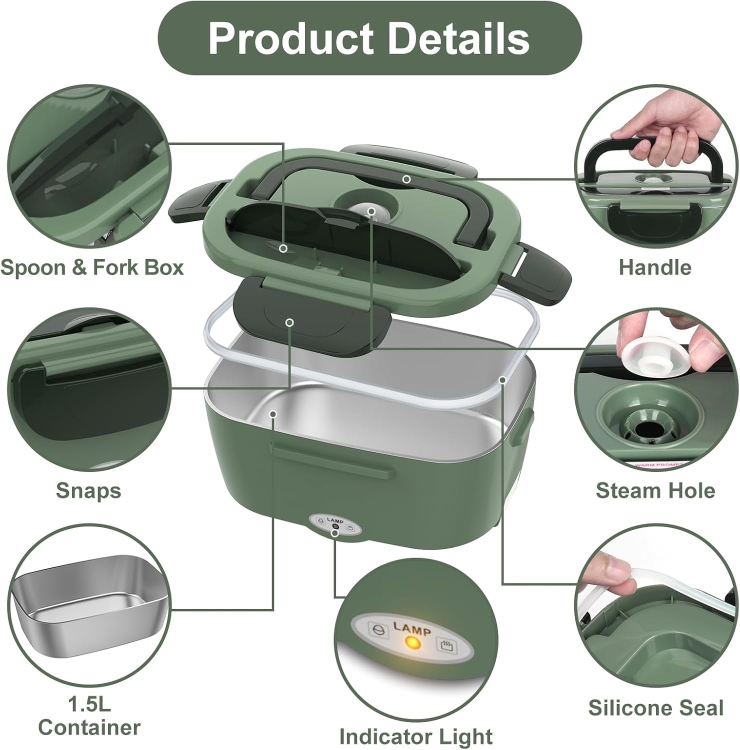 Electric Lunch Box for Adults, 80W Heated Lunch Box Portable Food Warmer Lunch Box for Work/Men/Car/Truck with 1.5L 304 Stainless Steel Container Fork & Spoon, 110V/12V/24V
