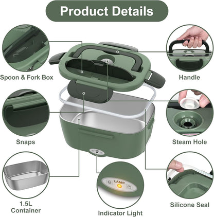 Electric Lunch Box for Adults, 80W Heated Lunch Box Portable Food Warmer Lunch Box for Work/Men/Car/Truck with 1.5L 304 Stainless Steel Container Fork & Spoon, 110V/12V/24V