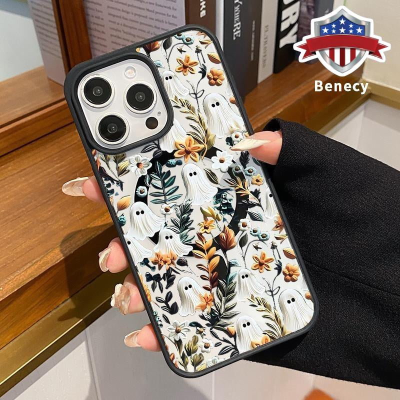 Magnetic Phone Case Supports Wireless Charging for Iphone 15 16 14 Pro Max 13 12 11 XR XS plus E Spooky Garden Pattern Anti-Yellowing Shockproof Durable Ultra-Thin Crystal Transparent Acrylic Cover